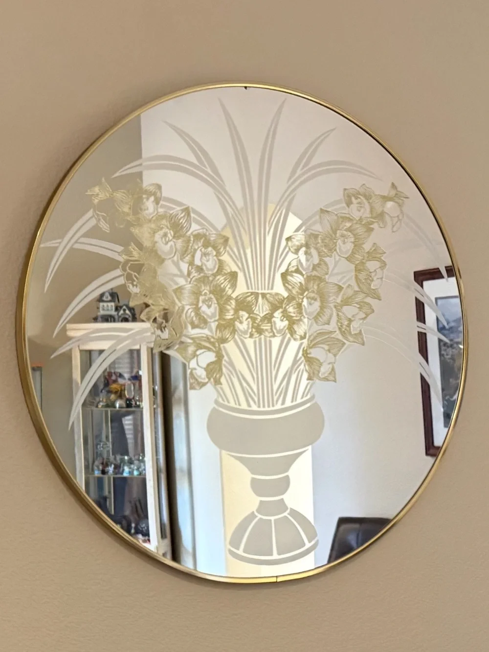 Post Modern 1980 Windsor Mirror Floral Etched Round Wall Mirror